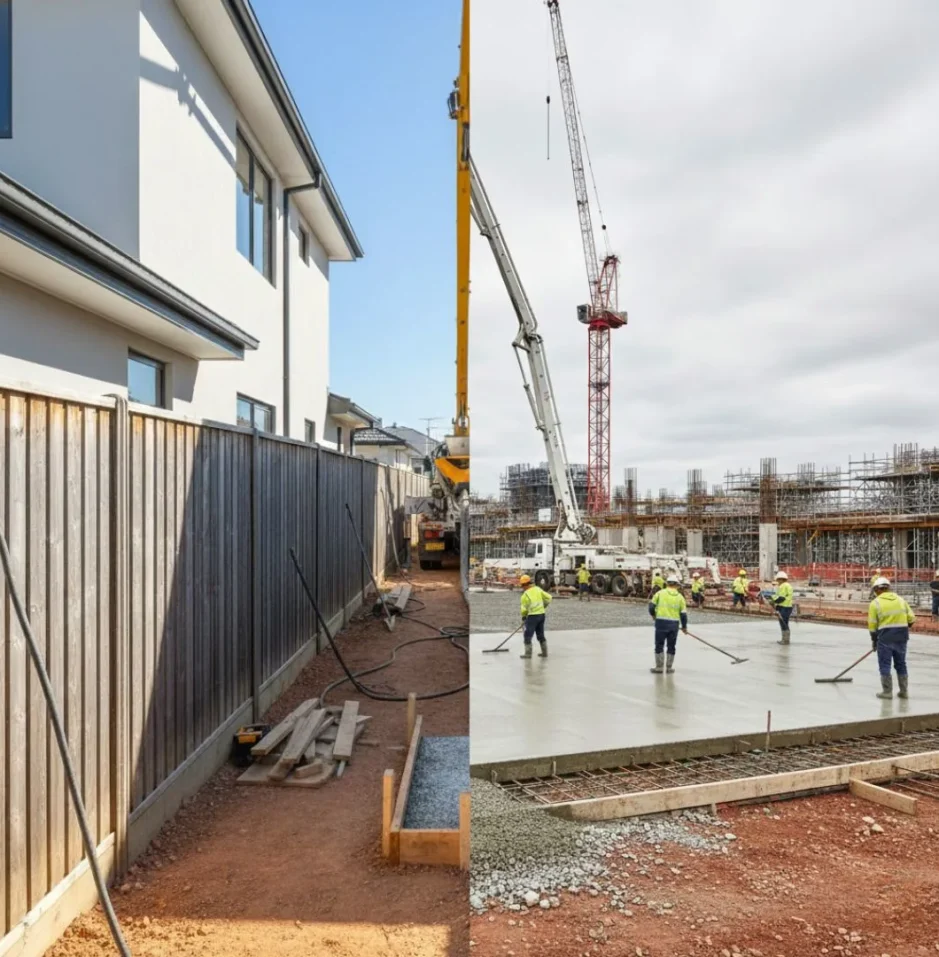 Concrete boom pump placing concrete on a large commercial construction site in Canberra