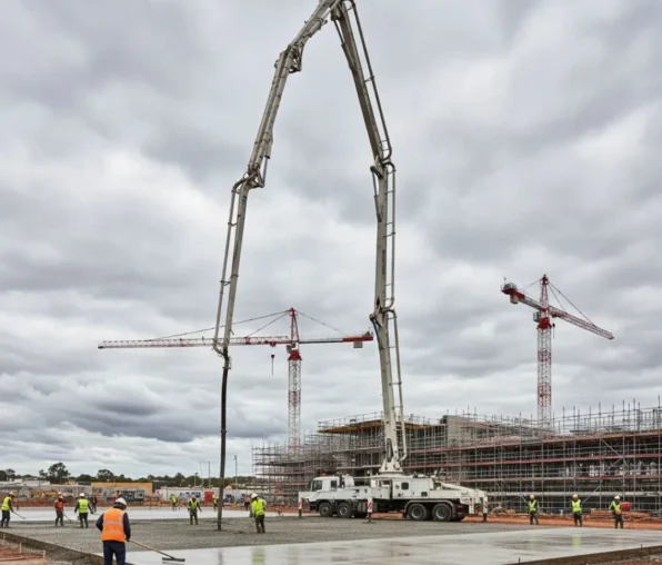 High reach concrete boom pump delivering concrete on a commercial construction project in Canberra