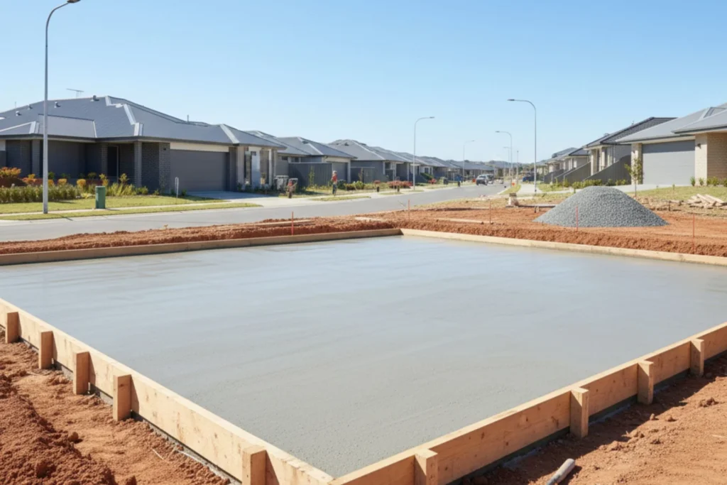 Finished concrete slab after site cut to pour process